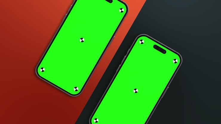 3d render of iPhone 14 Pro green screen with marks for tracking - phone rotations and movements including vertical and horizontal positions on colorful background