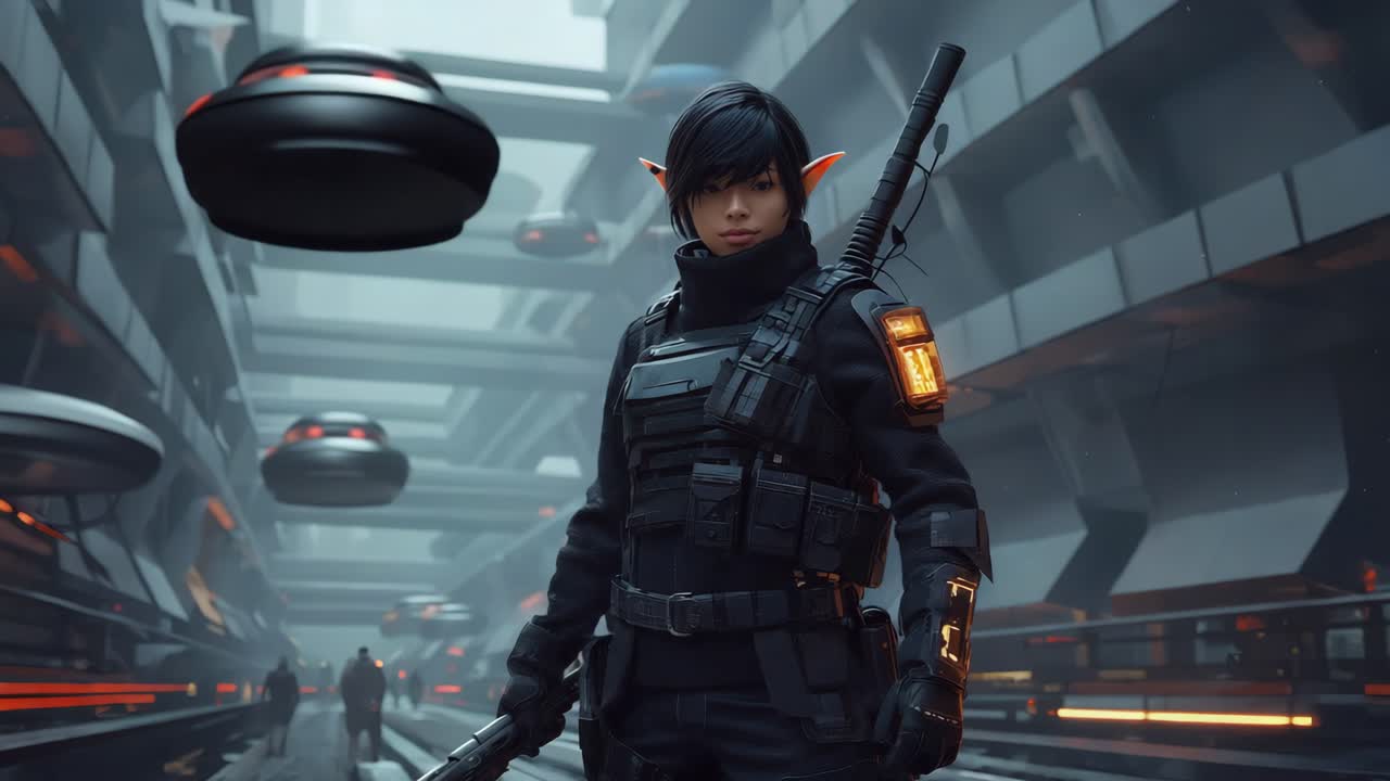 Cyberpunk Elf Security in Futuristic City
