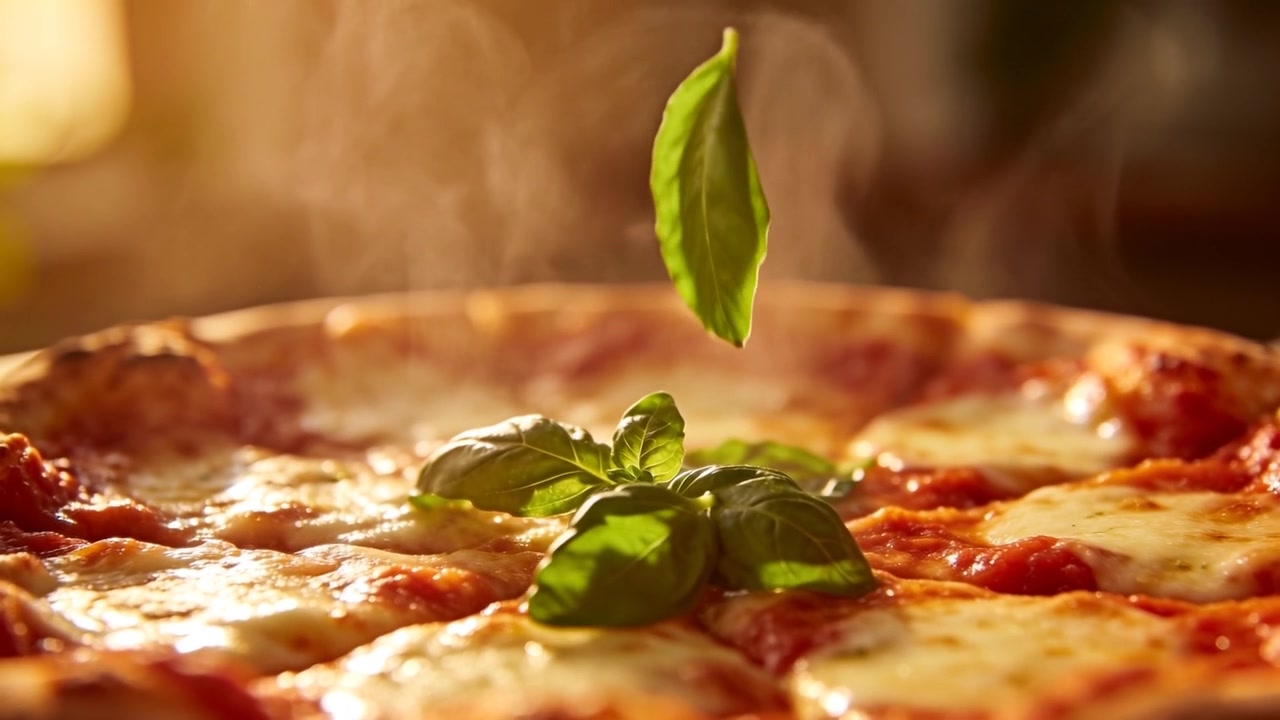 Foglie di basilico che cadono, ruotano e si posano su una pizza al formaggio fumante al bancone, guarnendola.