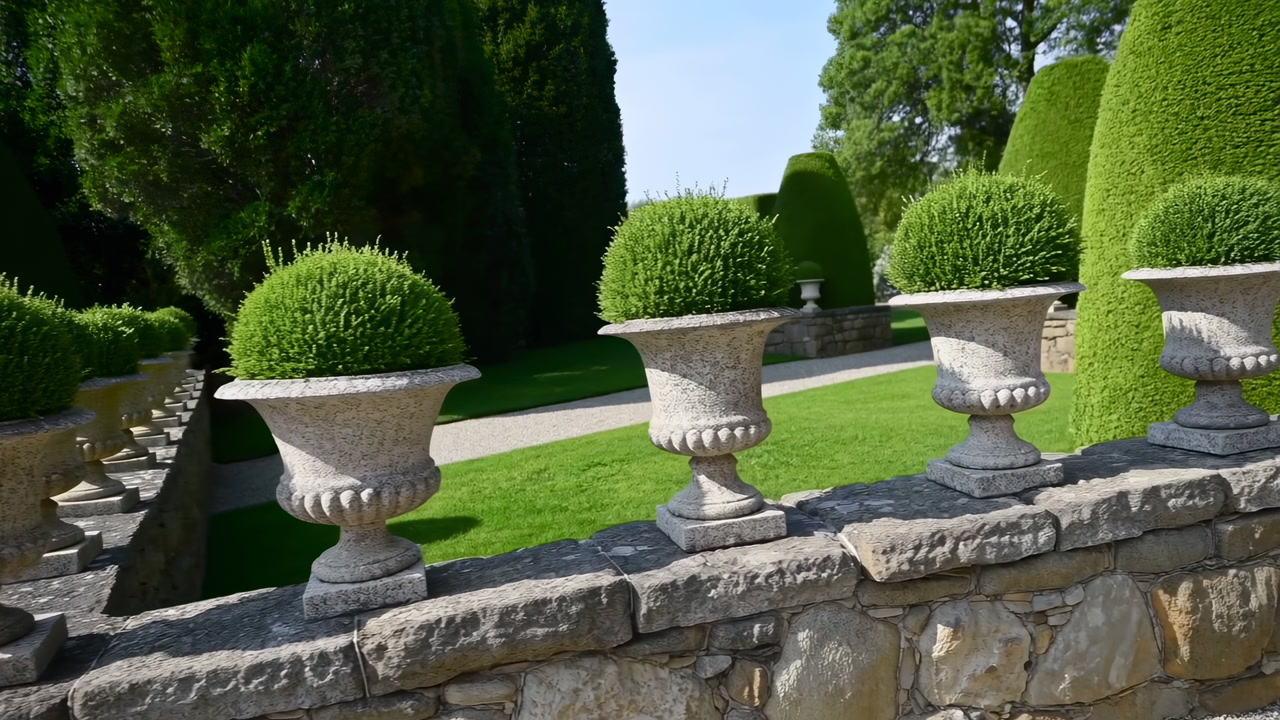 Sunlit Formal Garden Terrace With Boxwood. Stone Balustrade And Classical Urn Planters Flank Trimmed Hedges