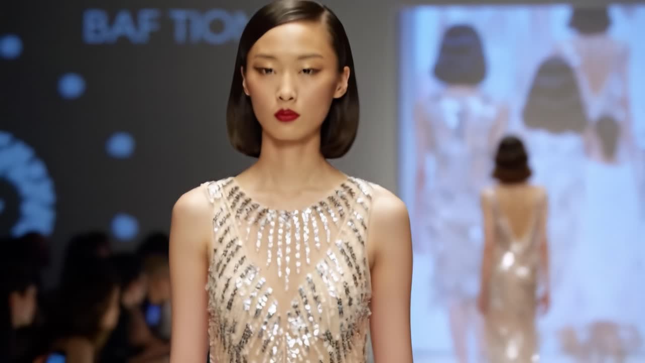 A Captivating Fashion Runway Moment Featuring an Elegant Model in a Dazzling Sequined Gown, Showcasing Style and Grace Under the Spotlight