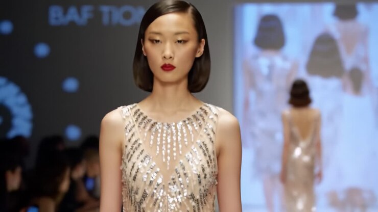 A Captivating Fashion Runway Moment Featuring an Elegant Model in a Dazzling Sequined Gown, Showcasing Style and Grace Under the Spotlight