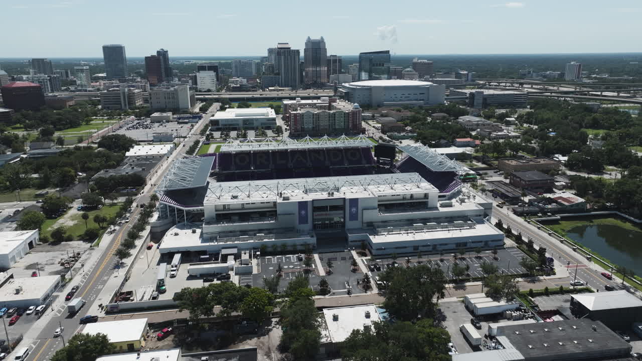 Aerial View Of Inter and Co Soccer Stadium With Downtown Orlando In Florida, USA