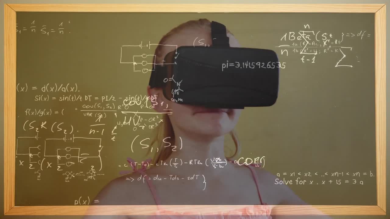анимация математических формул над школьницей с помощью vr гарнитуры