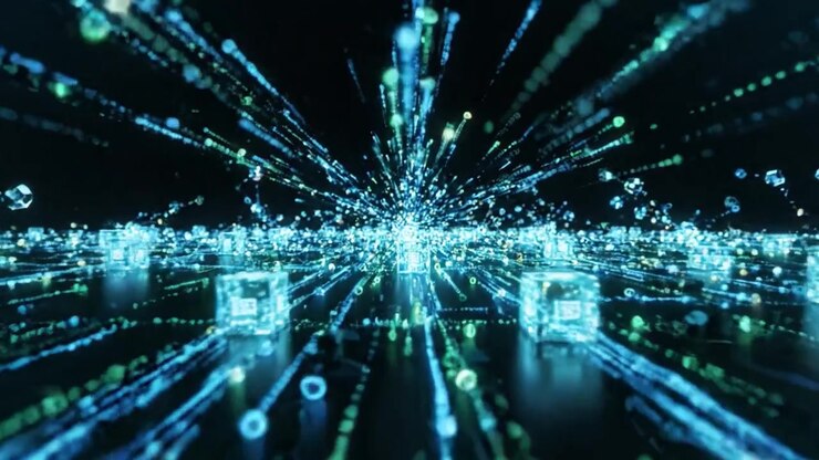 A Stunning Visualization of Data Flow and Connectivity, Presenting a Dynamic Burst of Digital Particle Streams Emanating from a Central Point in an Abstract Space