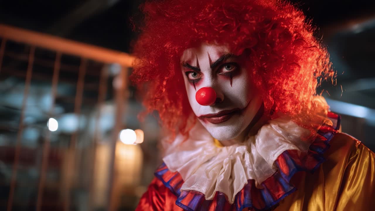 Un clown misterioso con un trucco sorprendente e un costume classico cattura il pubblico in un ambiente scarsamente illuminato, pieno di intrighi e suspense
