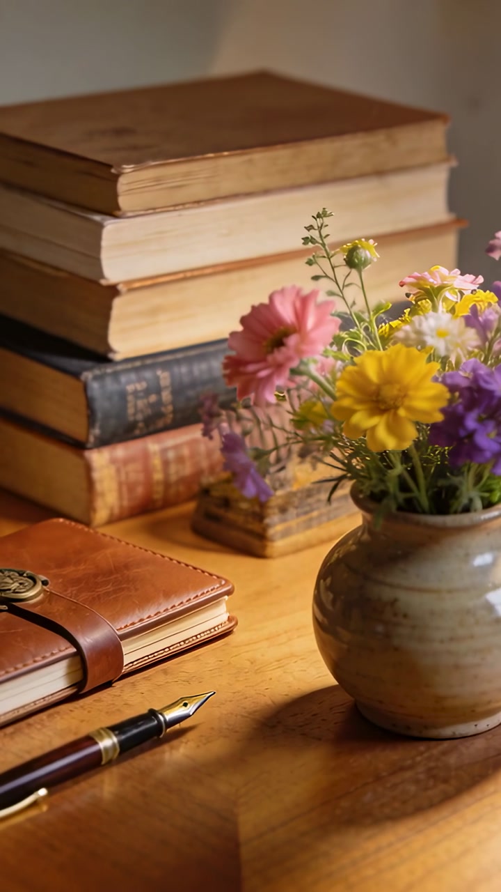 Vertical video: Pulling back vase with vivid blooms on home desk, showing books and pen, copy space