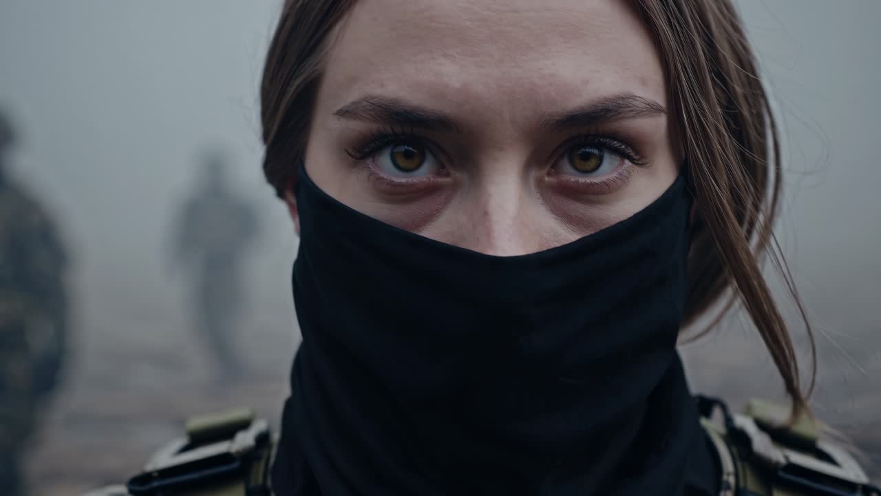 Portrait of a determined female soldier wearing camouflage uniform and a black scarf covering her face, standing in a foggy battlefield with her squad in the background, ready for combat