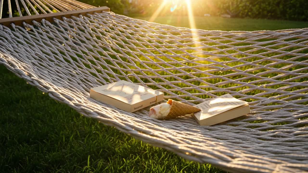 Relaxing Afternoon on a Hammock with Books and Ice Cream Under the Warm Glow of Sunset, Perfect Setting for Leisure and Enjoyment in Nature
