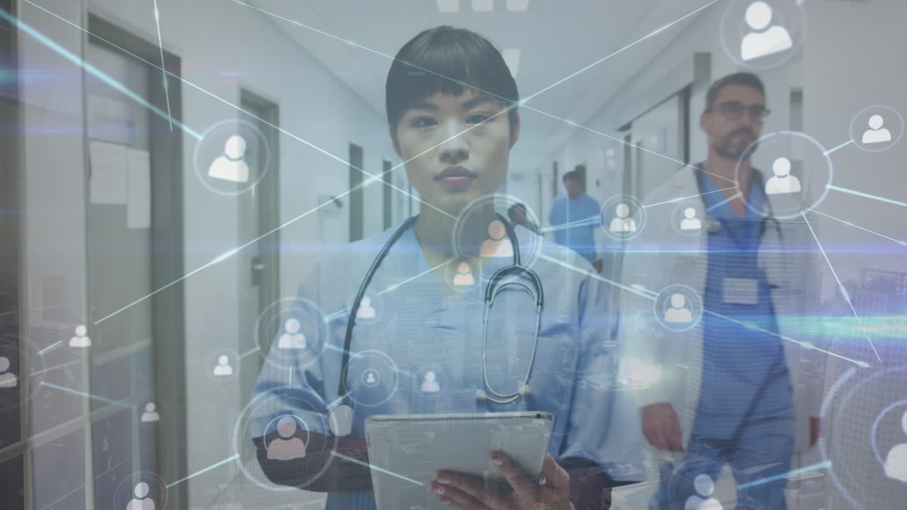 병원에서 아시아 여성 의사를 통해 연결 네트워크의 애니메이션