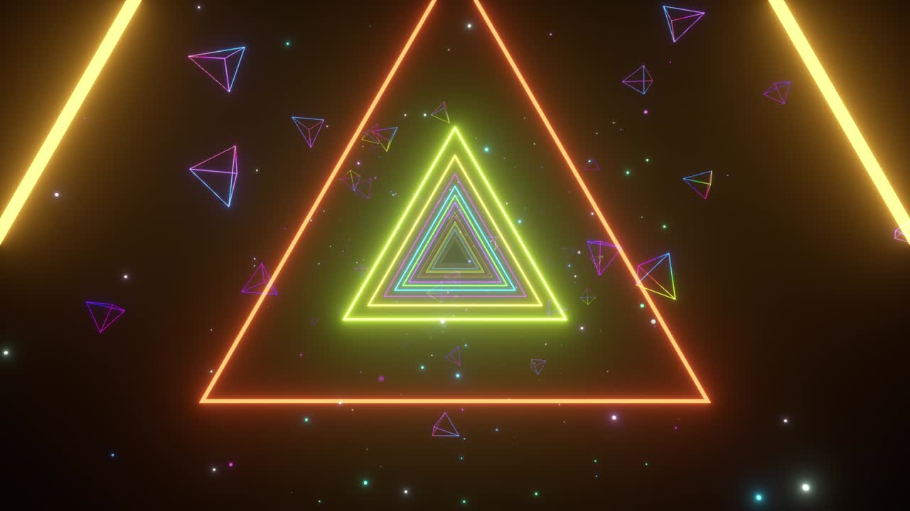un túnel interminable de triángulos de neón multicolores luminosos para videos musicales, clubes nocturnos, pantallas led, espectáculos de proyección, mapeo de video, actuaciones audiovisuales, eventos de moda.