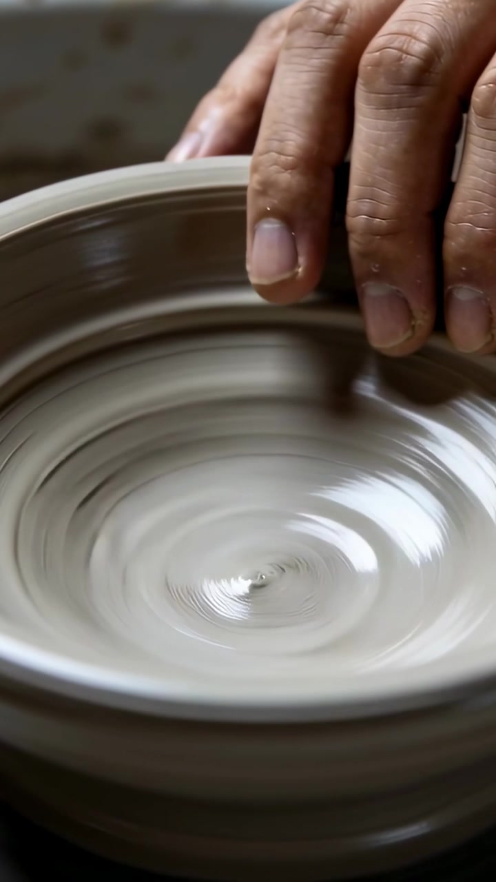 Vertical video: Shaping potter's hands pulling wet clay on spinning wheel in studio, refining bowl
