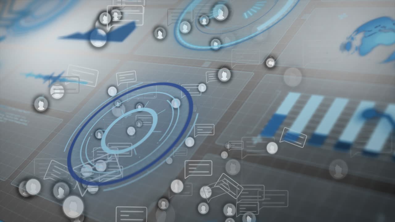 Movimento de câmera, tokens de avatar flutuando e se agrupando em torno de anéis azuis, exibindo fluxo de dados.
