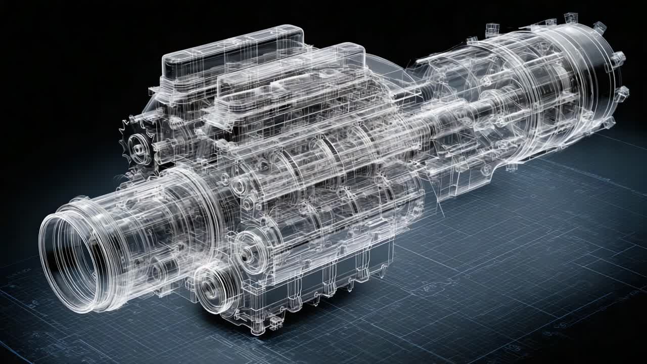Detailed Visualization of a Mechanical Engine Assembly with Transparent Components Displaying Intricate Inner Workings and Structural Design
