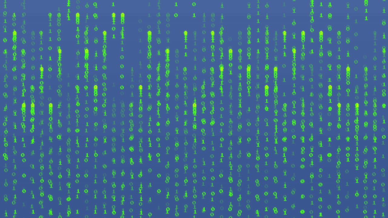Animation of binary coding data processing over blue background