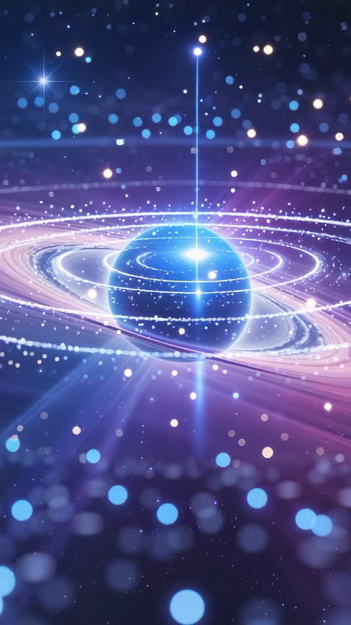 Vertical video: Starting blue sphere rotating with rings and beam in space, with drifting orbs