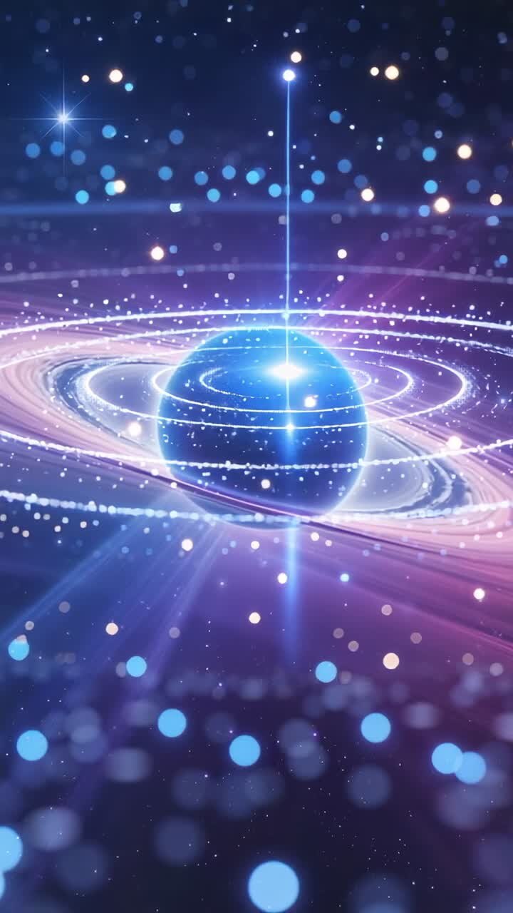 Video verticale: sfera blu iniziale che ruota con anelli e raggio nello spazio, con sfere fluttuanti