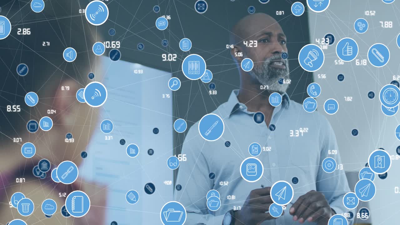 Animation of connected icons with numbers over diverse manager sharing ideas with coworkers