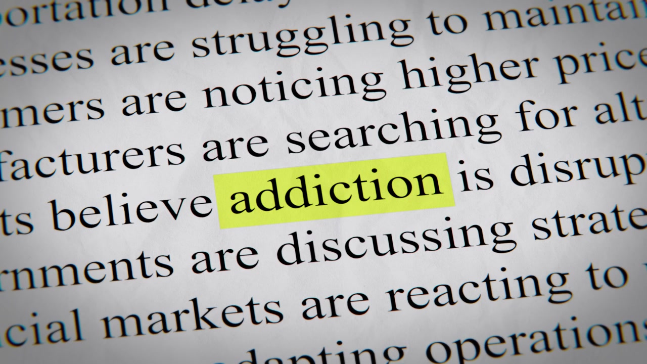 Minimal cinematic editorial Addiction text animation designed for documentary, economic, technology, and news-related storytelling.