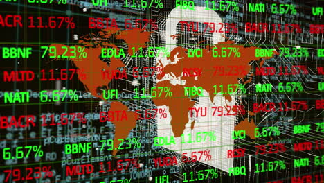 animation of financial stock interface, over world map and data processing