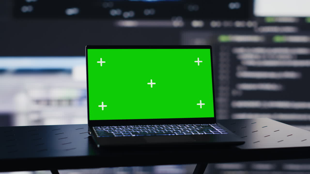 Laptop in uno spazio vuoto mostra uno schermo con spazio per il testo, circondato da dati.