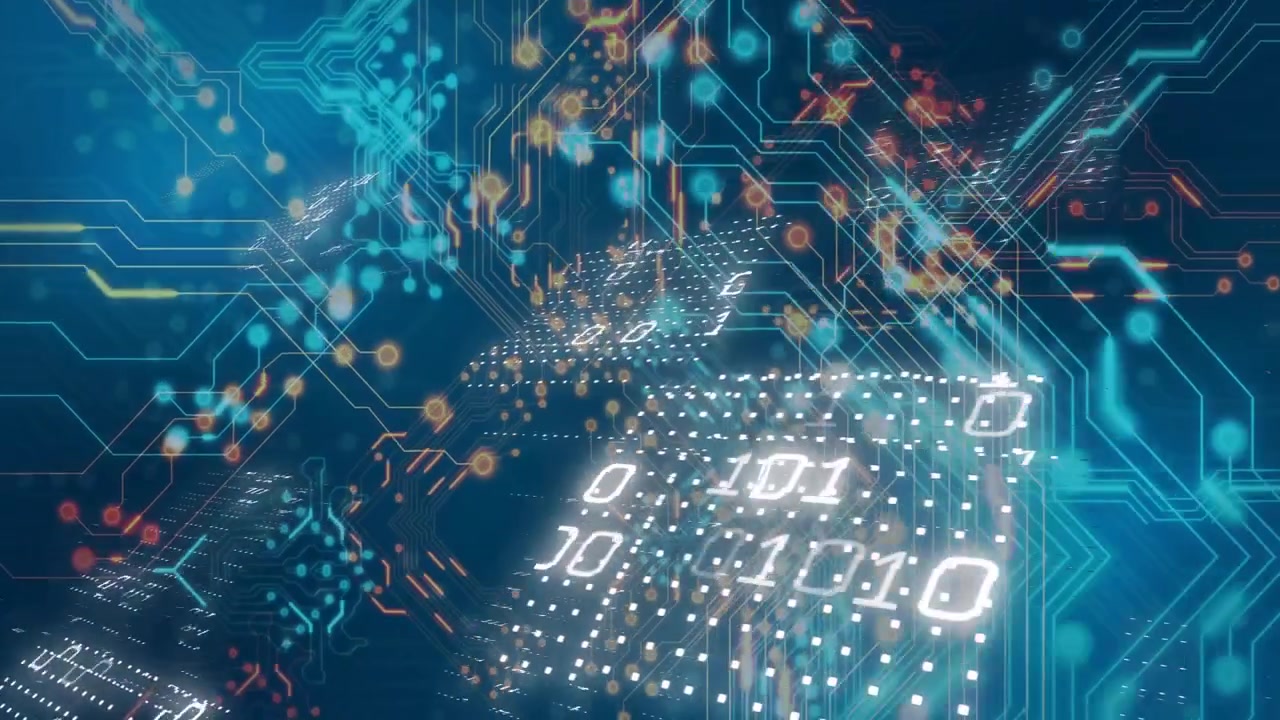 Camera starting glide, data panels shifting, connecting via cyan traces, visualizing data flow
