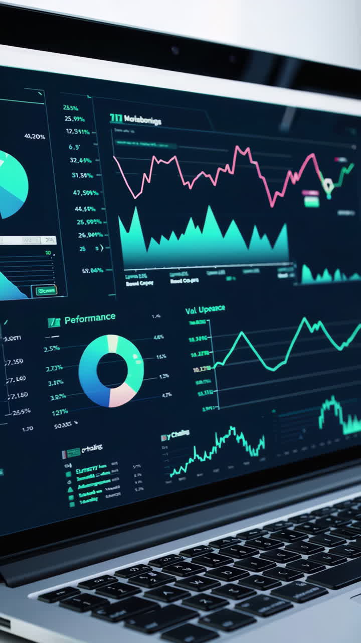 Laptop Screen Displaying Financial Charts and Graphs