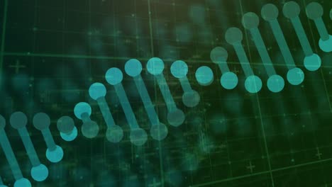 Animation-of-dna-structures-spinning-over-grid-network-against-green-background