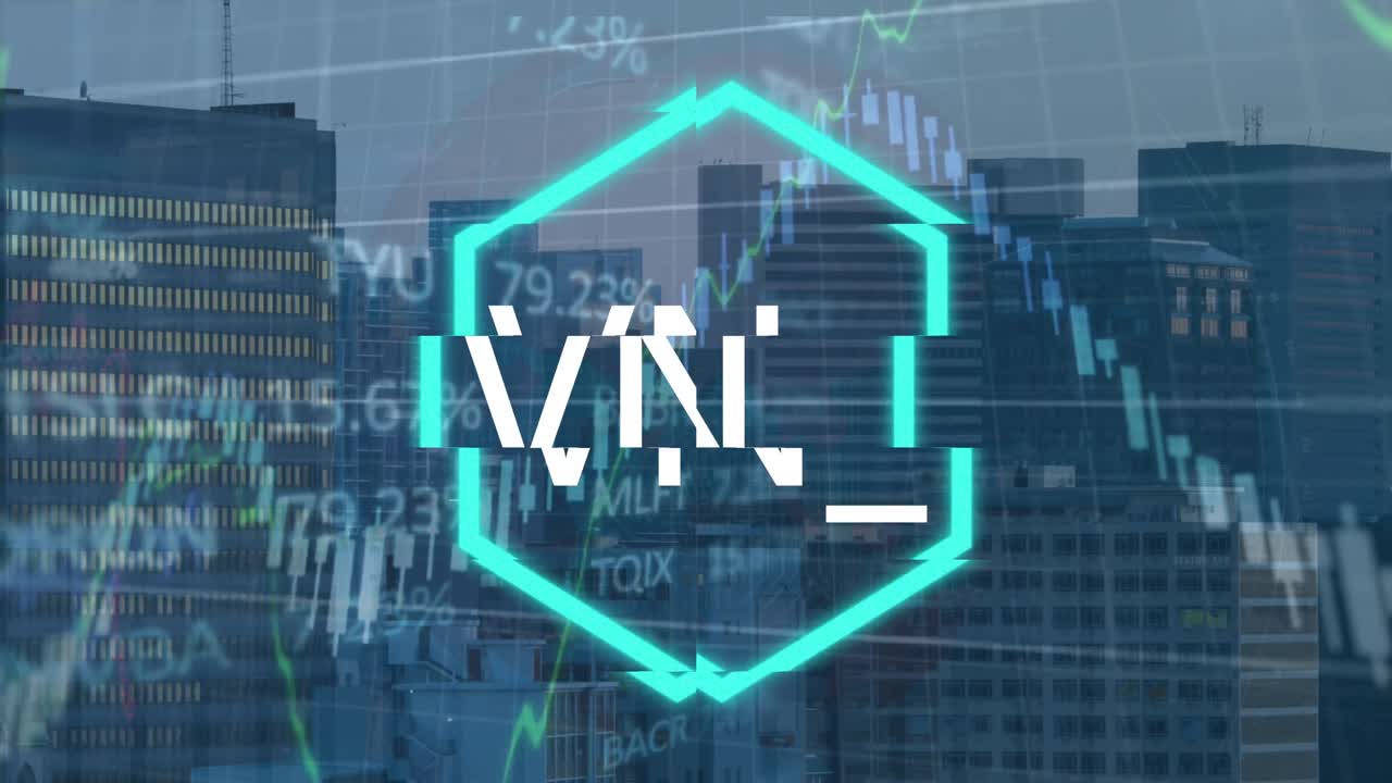 주식 시장 데이터 처리 및 nft 텍스트 배너의 애니메이션과 도시 풍경의 공중 시야