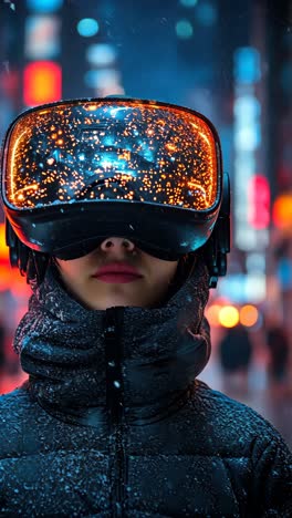 youth in virtual reality headset on a vibrant street at night