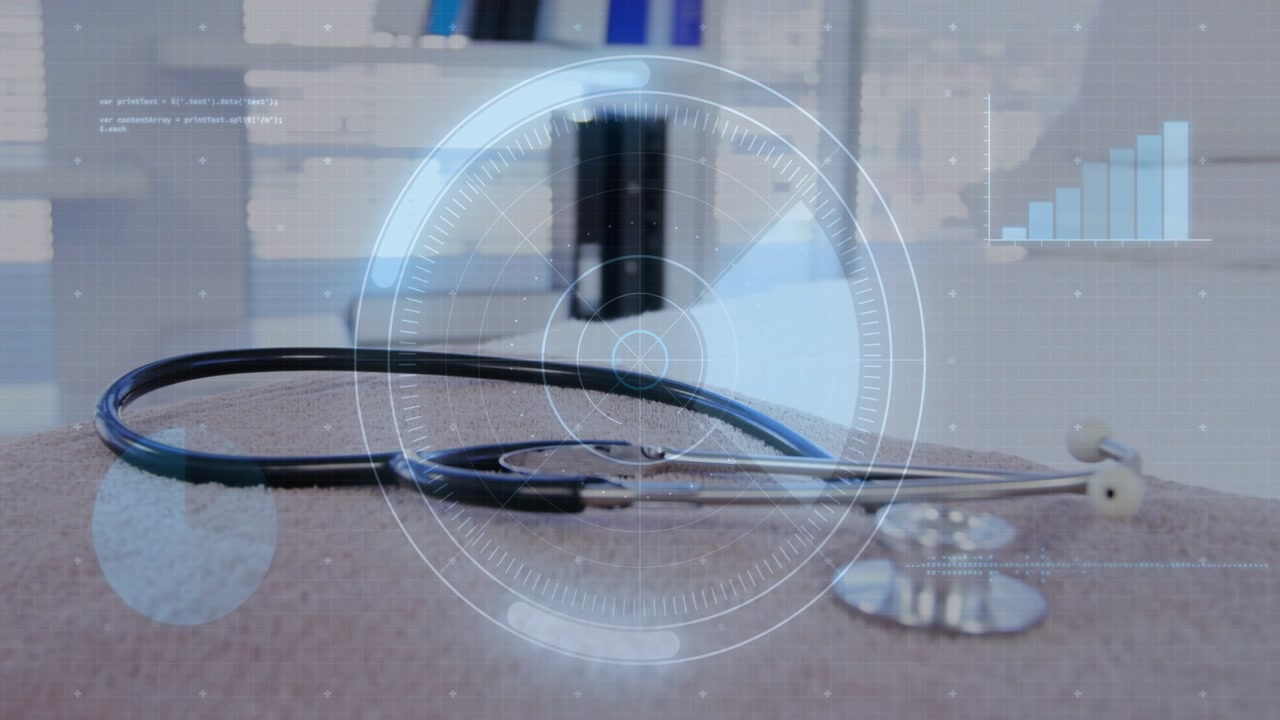 HUD activating, stethoscope entering frame and uncoiling while rings rotating, showing diagnostics