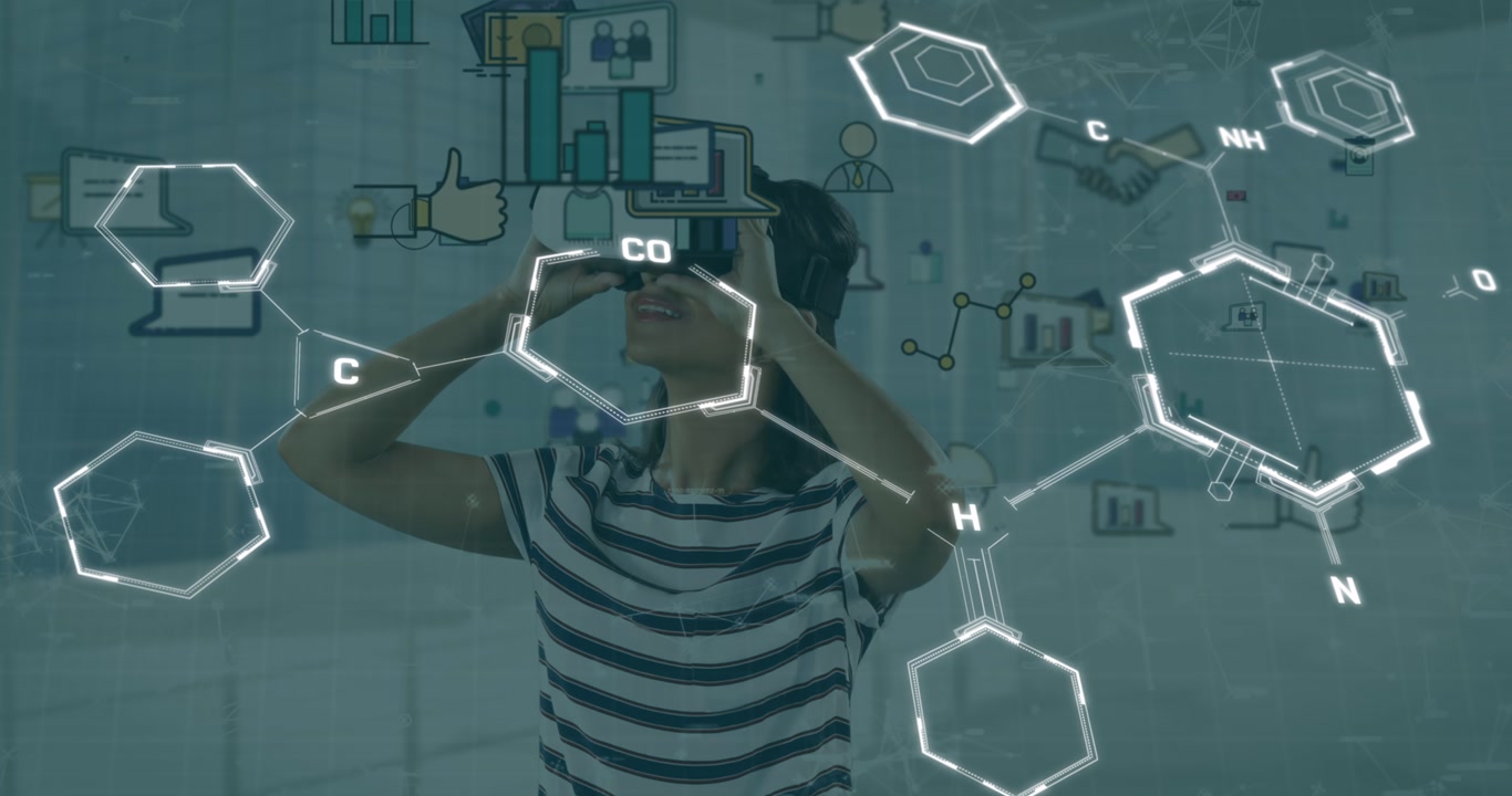 Animation of business icons over caucasian woman using vr headset