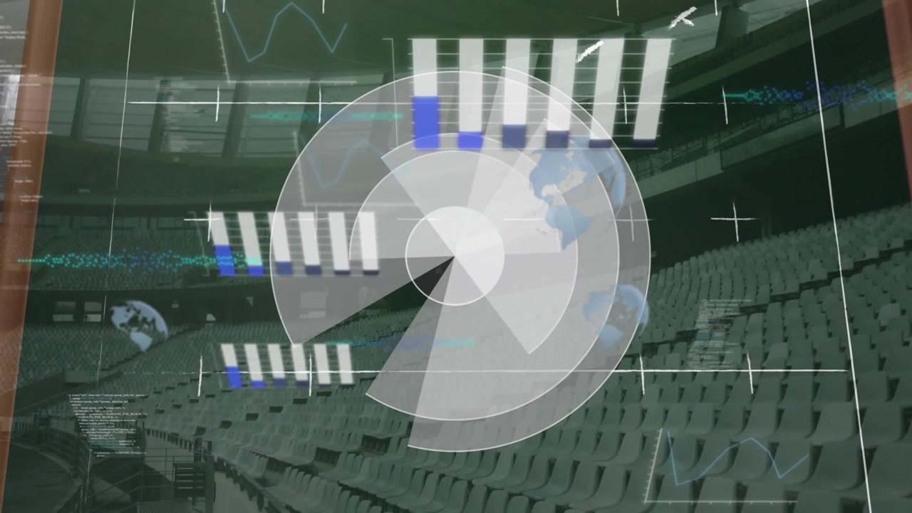 Animazione di un mirino, statistiche ed elaborazione dati su uno stadio sportivo.