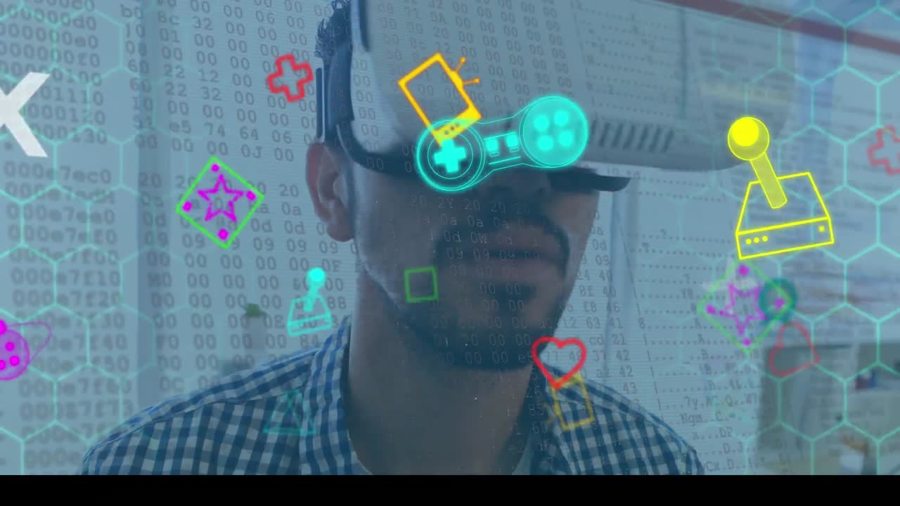 animación de iconos de medios sobre el hombre usando auriculares vr