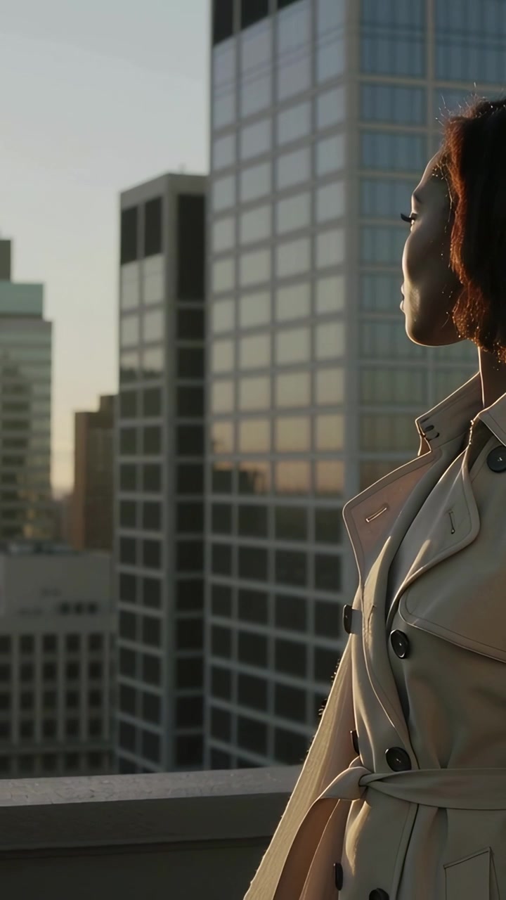 Video vertical: Mujer con gabardina mirando el atardecer, inclinando la cabeza y observando desde una azotea junto a una barandilla, espacio para texto