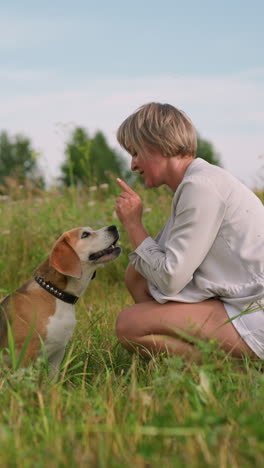 dog owner interacting playfully with her dog outdoors as dog jumps up to kiss her, owner squatting in grassy field with bright sunny day in background, dog gazing in distance