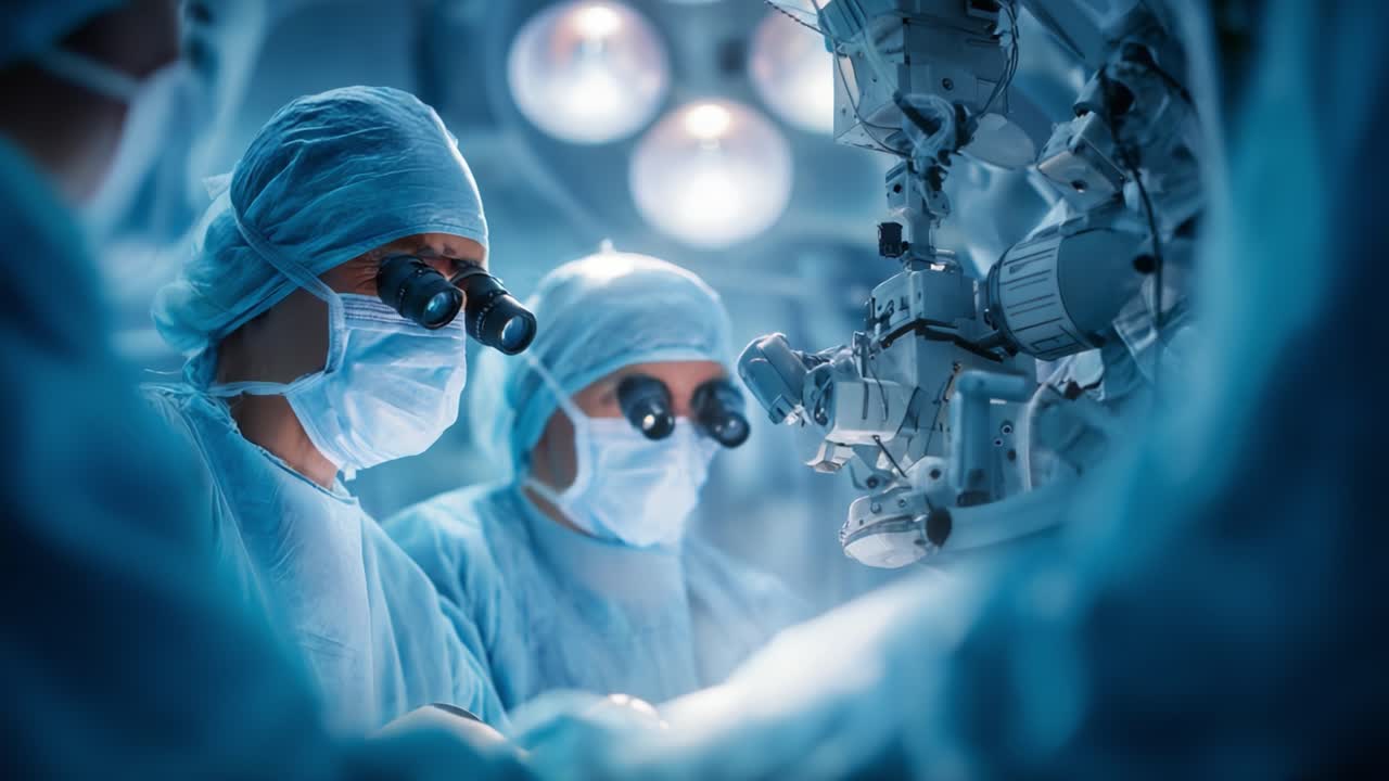 Surgeons Collaborating in an Operating Room Using Advanced Surgical Microscope Technology for Precision Procedures and Patient Care in a Sterile Environment