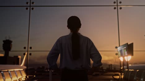 back view of asian woman with rolling suitcase in boarding lounge at the airport, woman with arms akimbo looking around waits for flight, airplane takes off outside the window