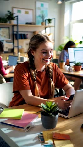 a woman is sitting at a desk with a laptop and a cell phone