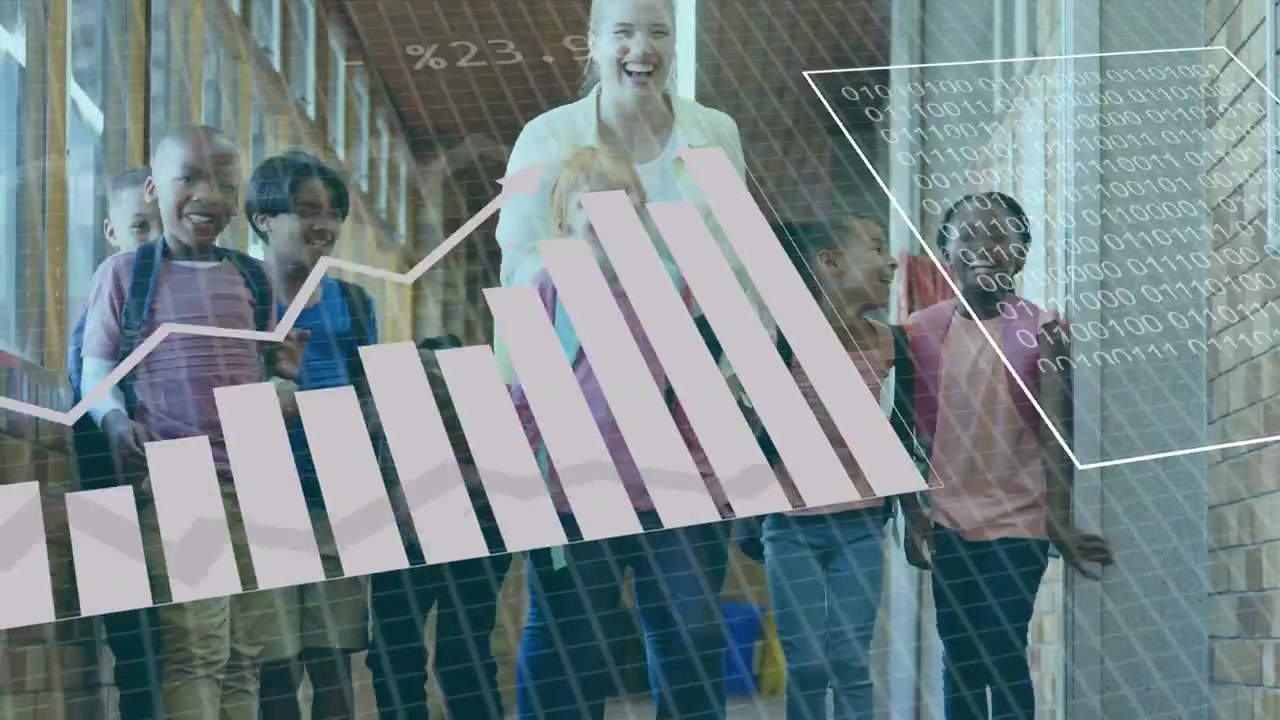 Camera showing students walking hall teacher guiding data overlays forming pie charts for education