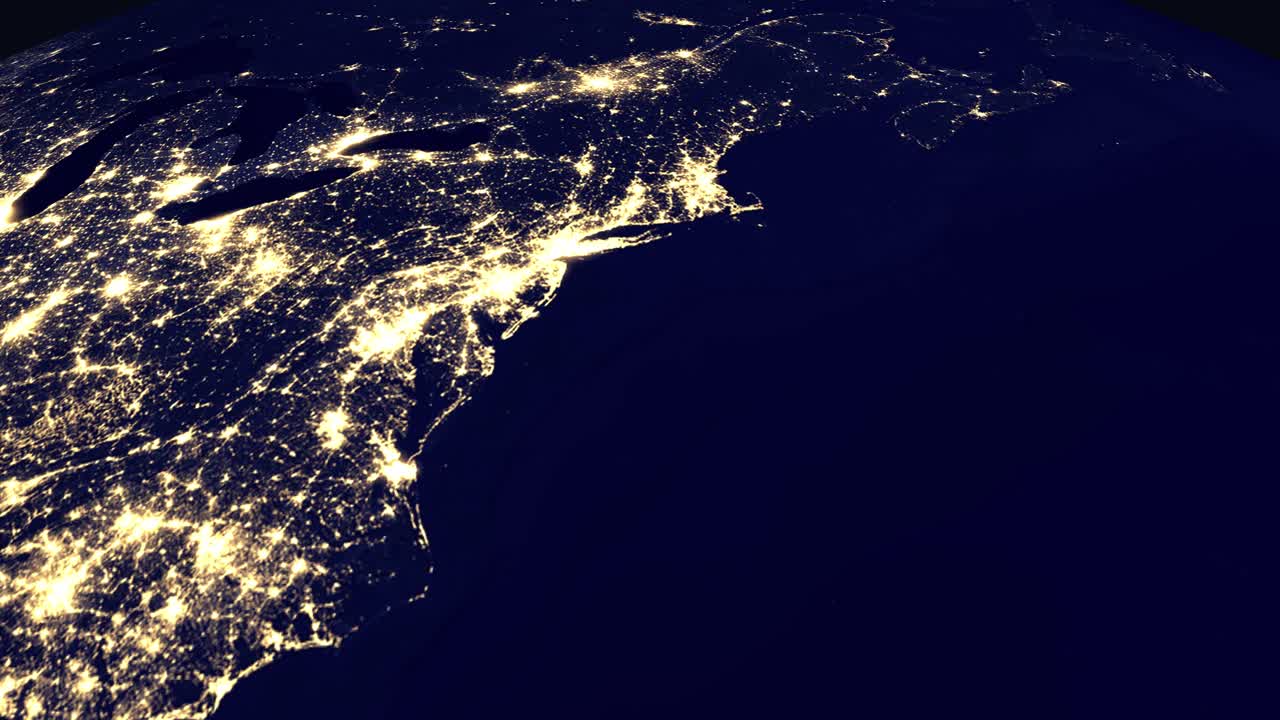 Digital animation zooms from space into night city lights of Washington D.C., United States
