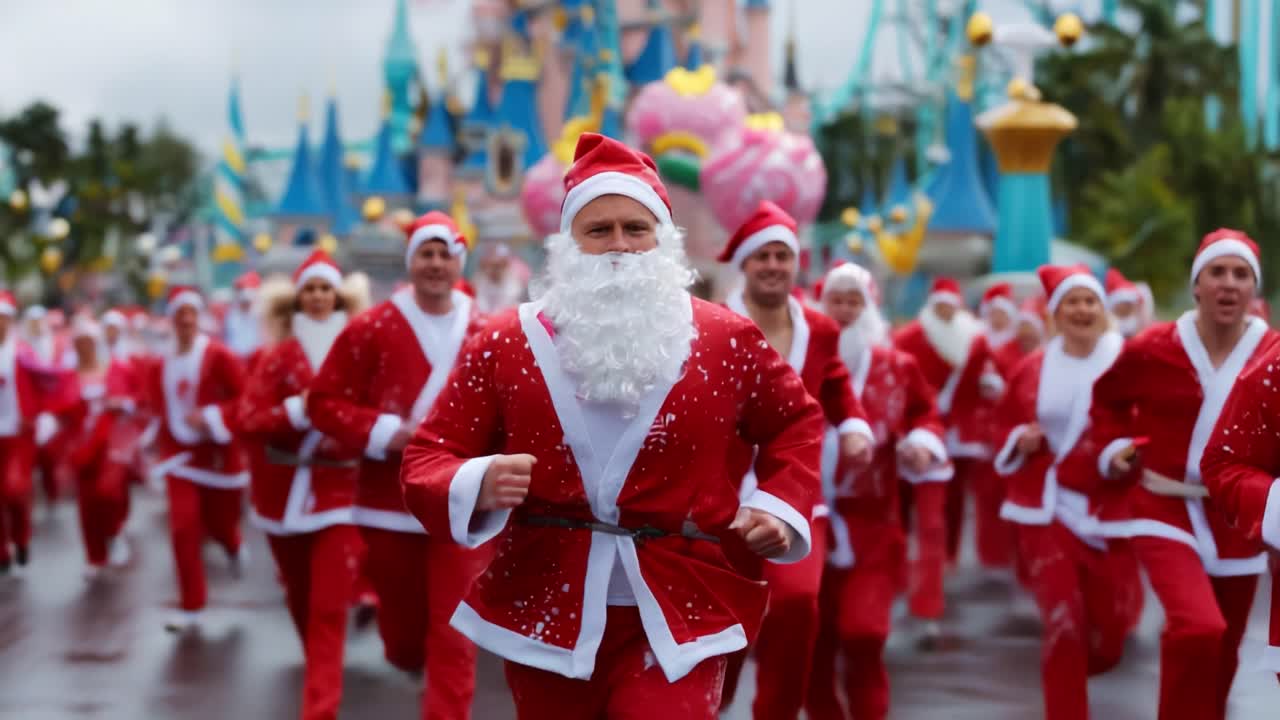 A festive scene featuring numerous Santa Claus figures energetically sprinting in unison, creating a cheerful and spirited atmosphere against a vibrant theme park backdrop filled with whimsical decorations