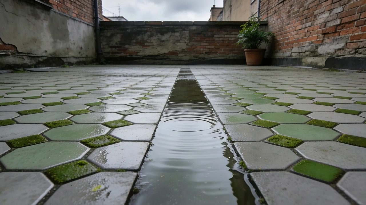 Rippling central drainage channel responding to raindrops on hexagonal terrace, with terracotta pot