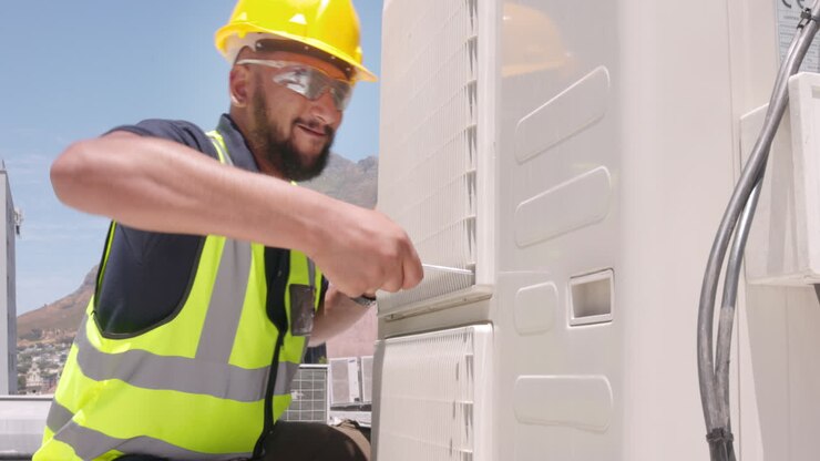 Technician man on roof for air conditioner
