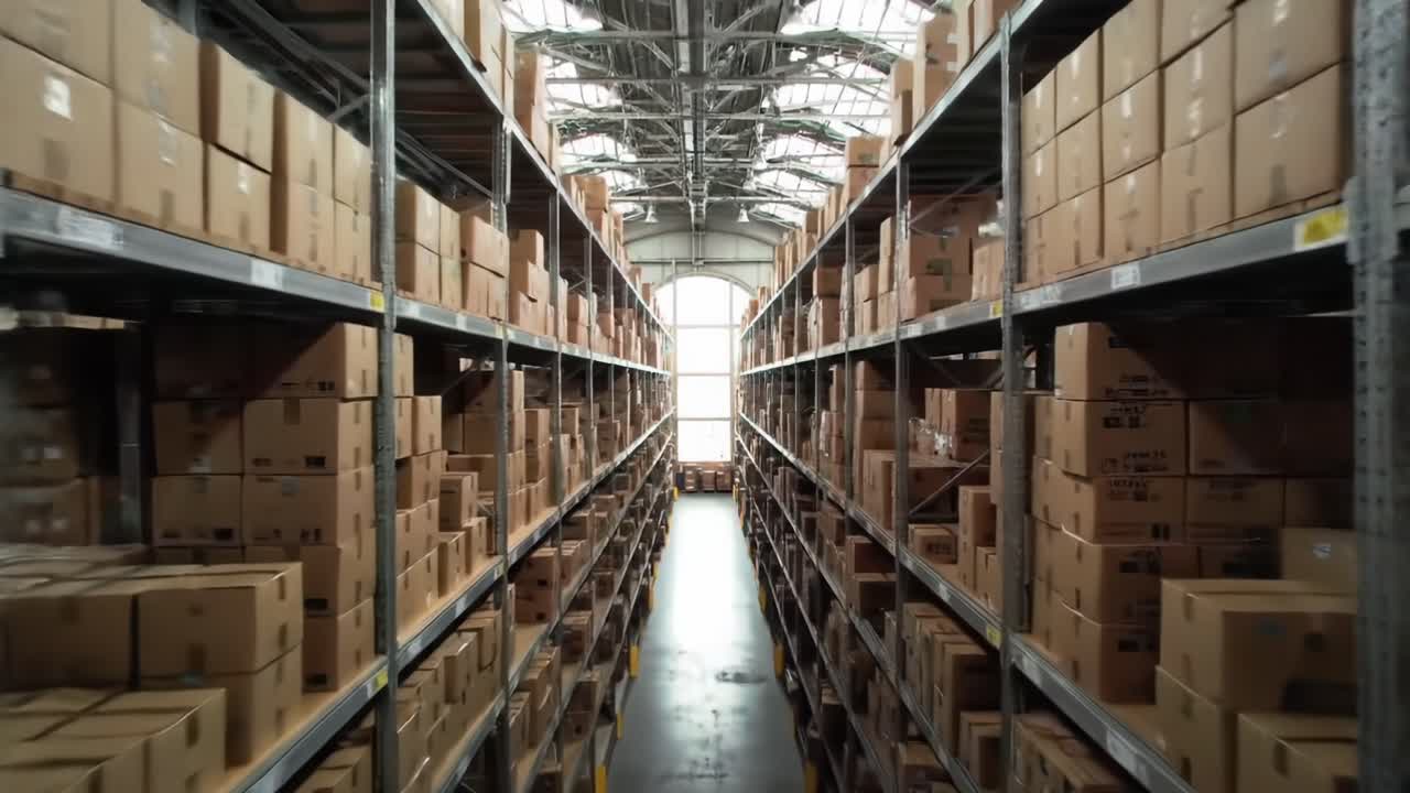 A Vast Warehouse Storage Space Featuring Rows of Cardboard Boxes and Organized Shelving Under Industrial Lighting in a Spacious Setting