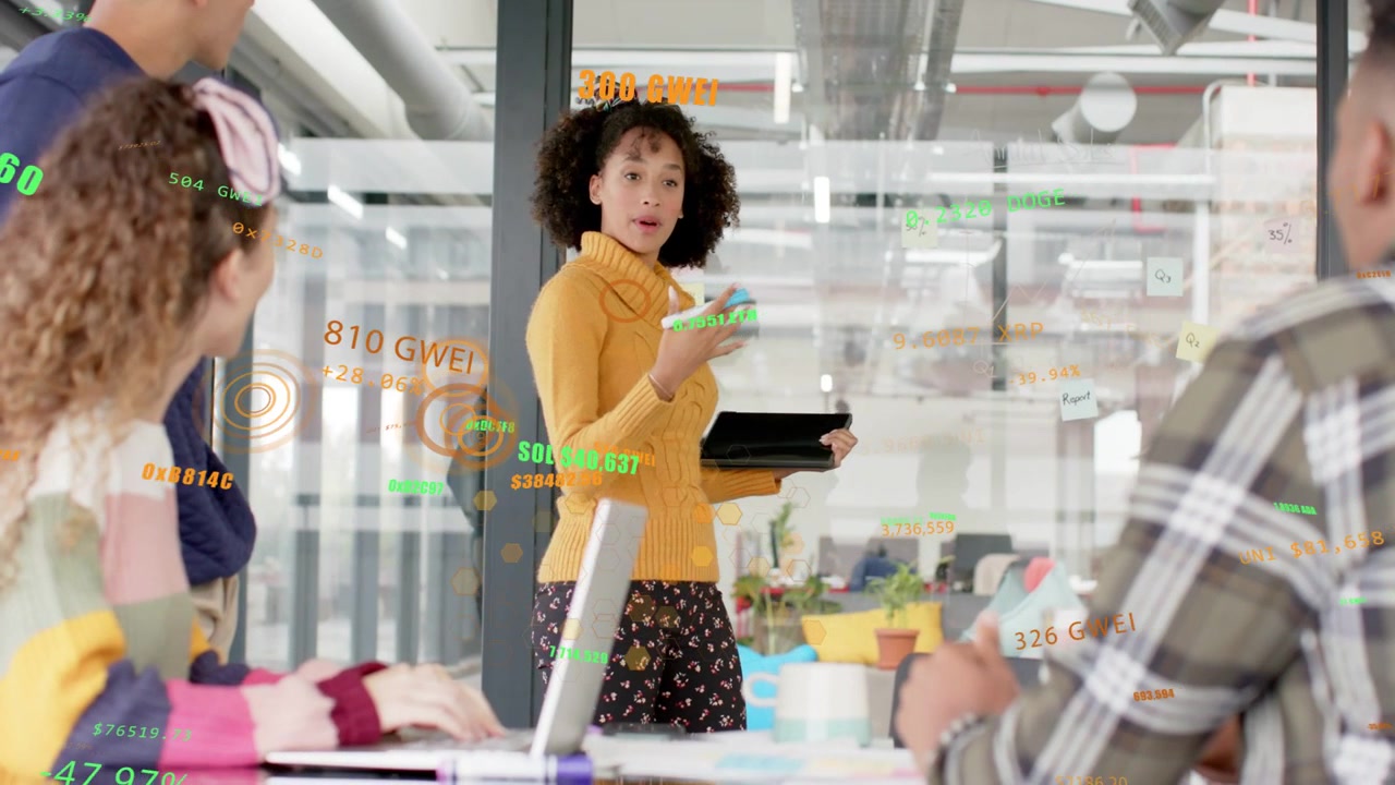 Vertical video: Woman walking to table, opening tablet and showing data overlays to prompt feedback