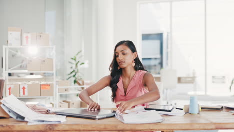 Focused-woman-open-laptop,-typing-for-business