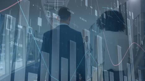 animation of financial data over diverse businesspeople walking in office