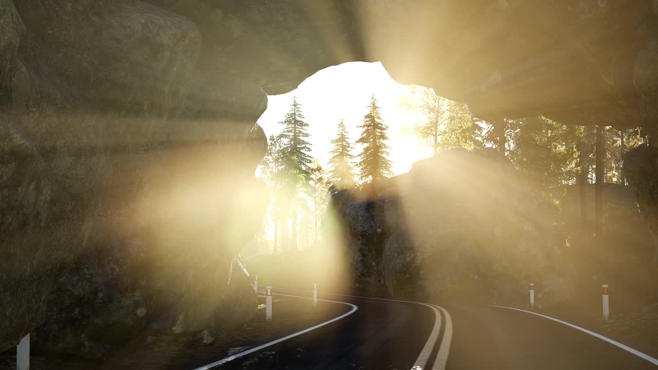 해가 지는 산의 바위 길 토너