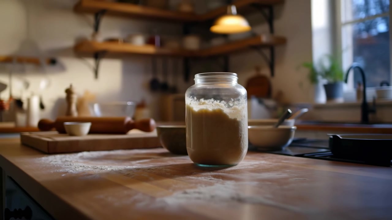 Un barattolo di vetro riempito con una densa bevanda fermentata beige, sormontata da una cagliata bianca e schiumosa, poggia su un bancone di legno all'interno di un caldo ambiente cucina, mostrando il collo filettato, riflessi sul bordo, texture stratificata e una morbida illuminazione.